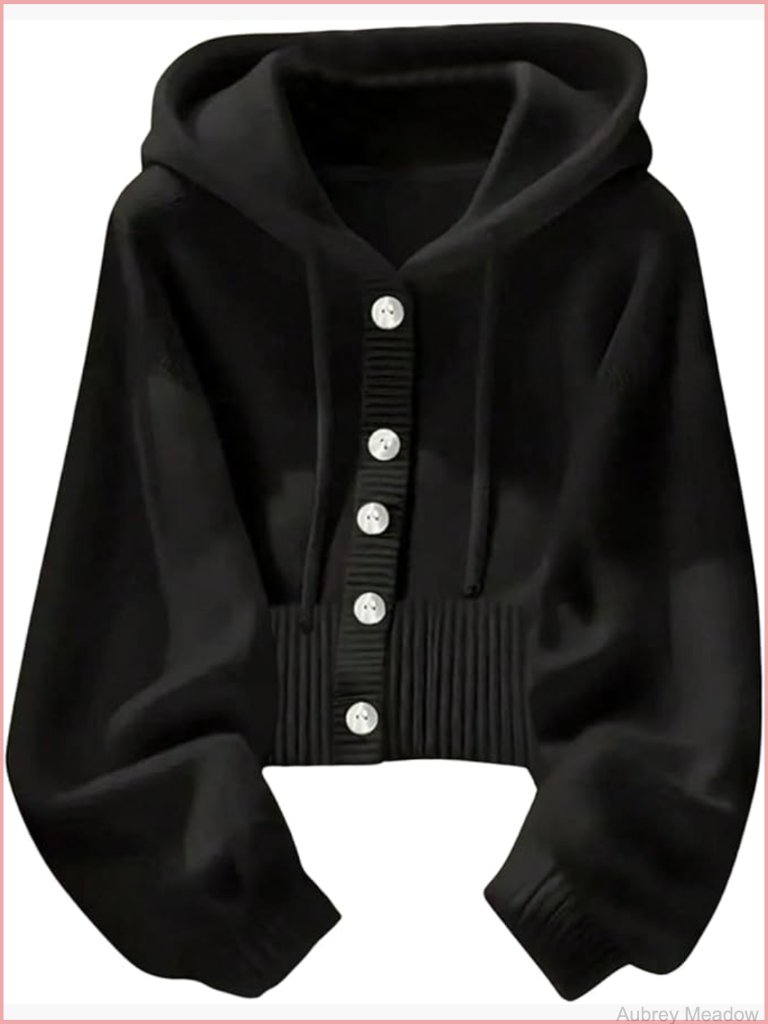 Button Down Hooded Cardigan Long Sleeve Knit Sweater Tops